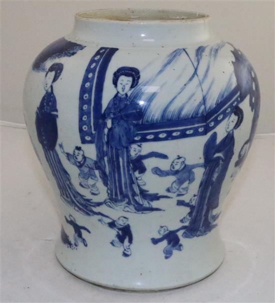 A Chinese blue and white jar, Kangxi period, 23cm, rim chip and cracks